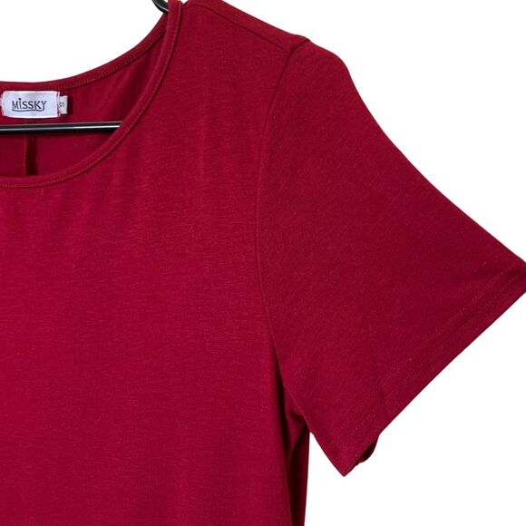 MISSKY Red Dresses for Women Short Sleeve Pocket Midi Swing Casual Summer Dress - Picture 4 of 9